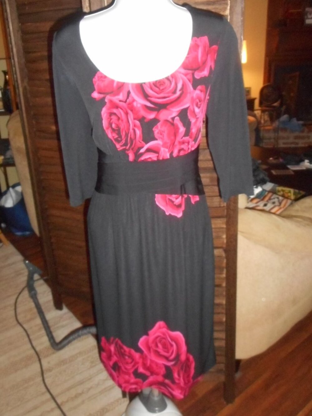 Joseph Ribkoff red roses dress, black knit jersey, 8 US